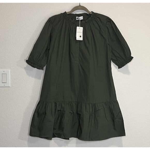 CARYN LAWN Clare Dress One Size Fits Most OSFM Dark Green Cotton Poplin S/S NWT - Picture 1 of 12